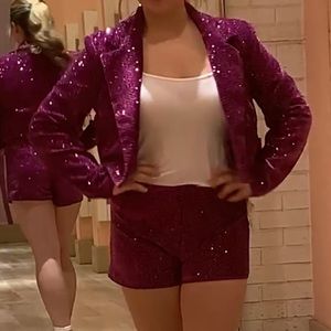 Plum sequined short and jacket set. Shirt not included.